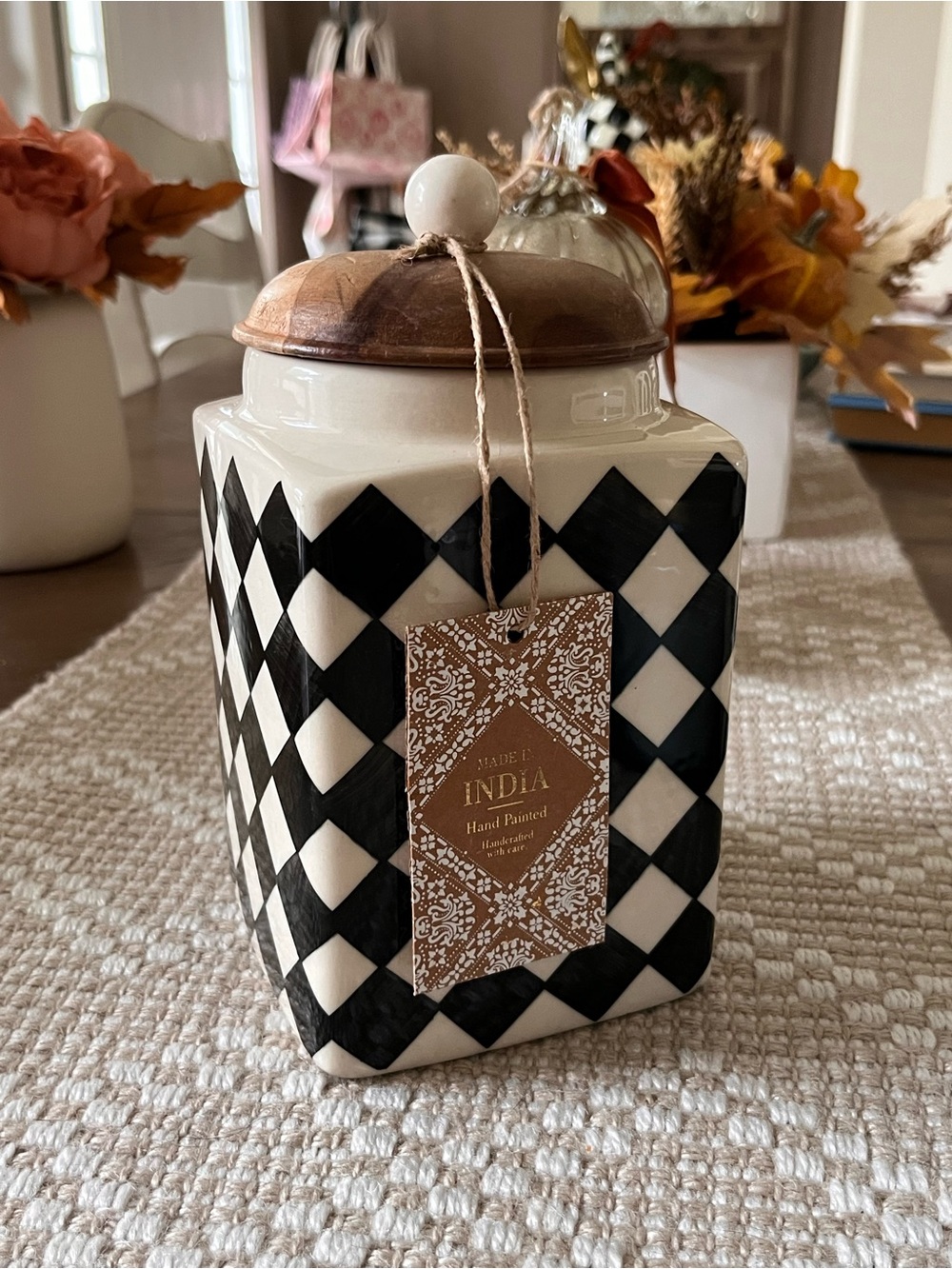 Stunning Hand-Painted Black and White Harlequin Ceramic Canister